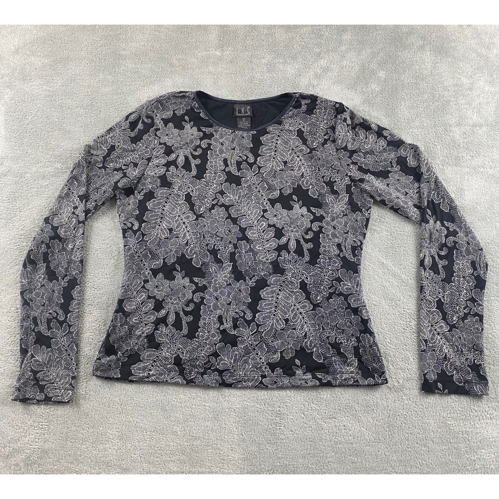 INC International Concepts Womens Black White Floral Lace Print Mesh Top Large